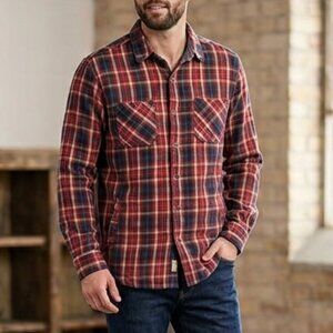 Men's XL Heavyweight 100% Cotton Collared Plaid Button-Down Shirt Red Blue